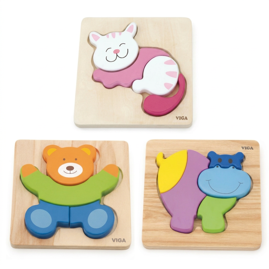 Lot de 3 mini puzzles en bois : chat, ours et hippopotame sur fond blanc
