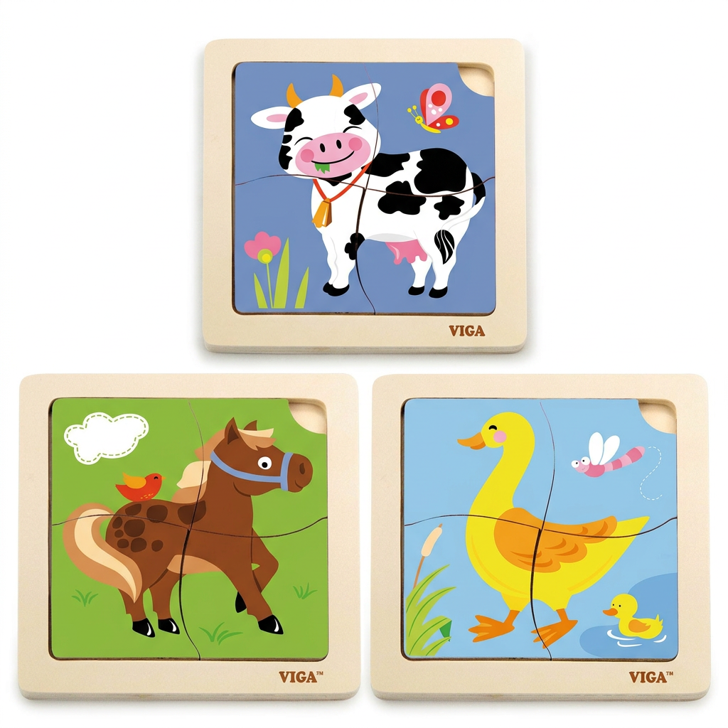Lot de 3 puzzles de 4 pièces : vache, cheval et canard sur fond blanc