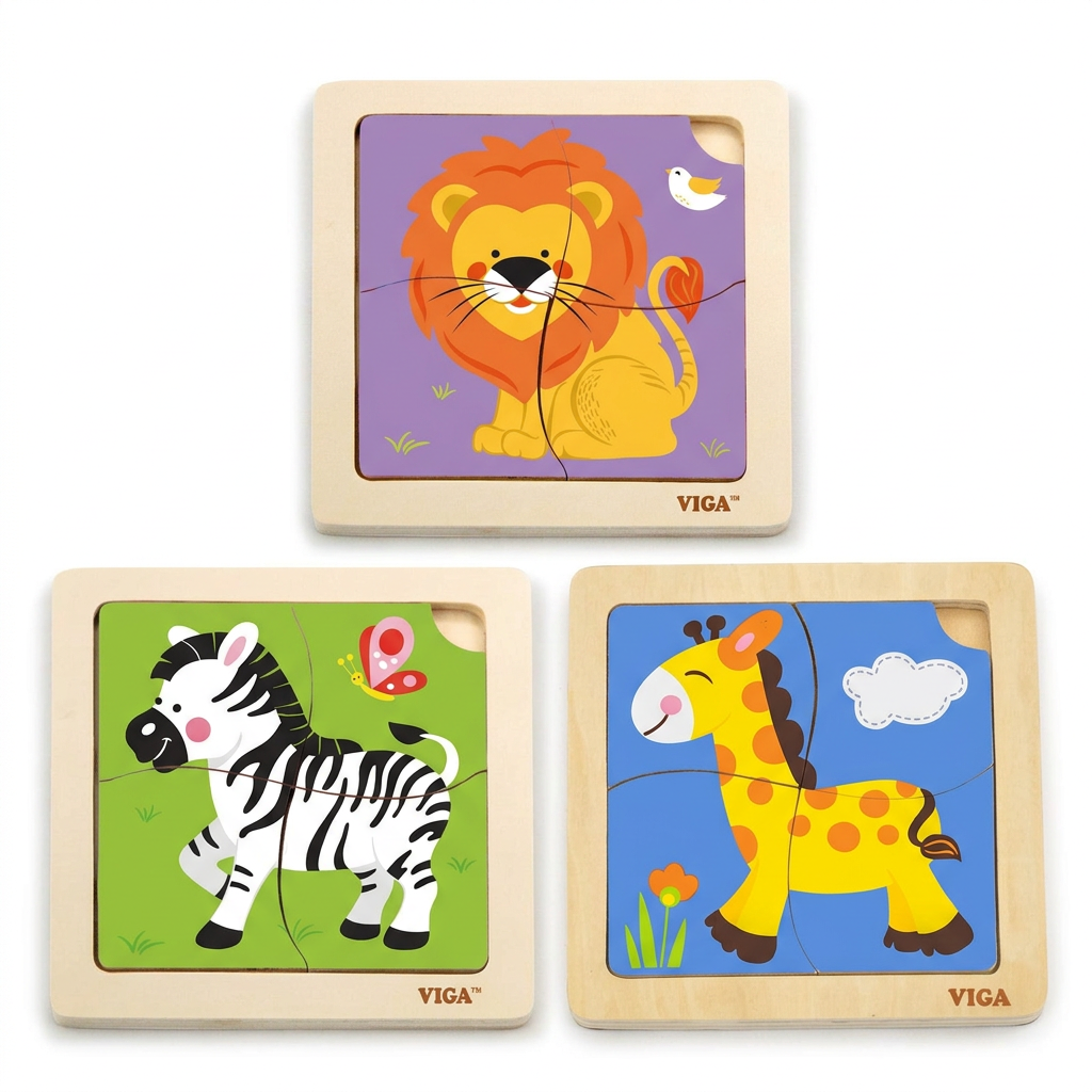 Lot de 3 puzzles de 4 pièces : lion, zèbre et girafe sur fond blanc