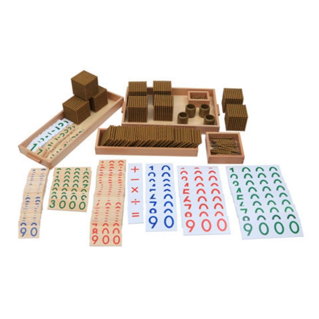 Matériel des perles dorées, plateaux et symboles 7 mm - Eveil Montessori Maroc