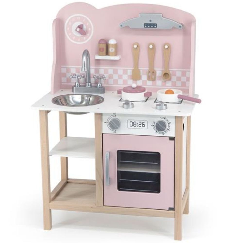 Cuisine en bois rose avec vaisselle - Eveil Montessori Maroc