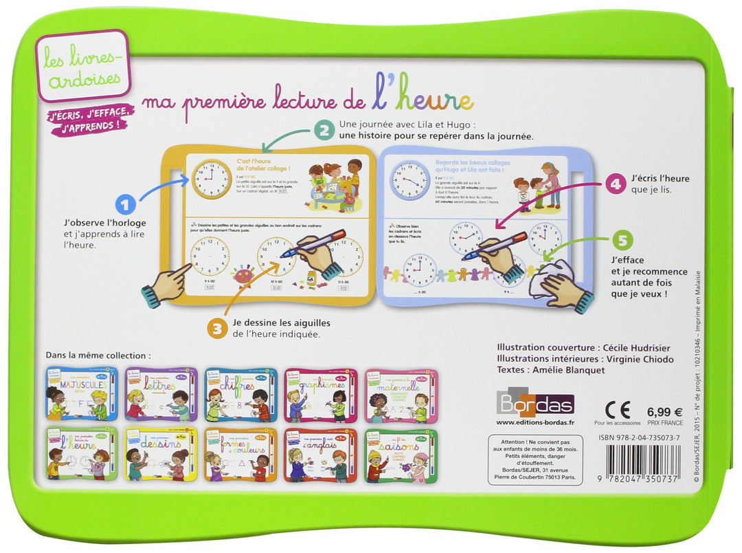 Les livres-ardoises - Ma première lecture de l'heure avec 1 feutre effacable 2 couleurs - Eveil Montessori Maroc