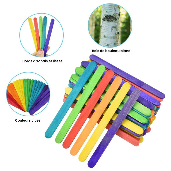 Bâtons d'esquimaux en bois coloré - 150 pièces - Eveil Montessori Maroc