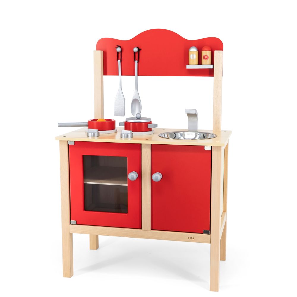 Cuisine rouge en bois avec accessoires - Eveil Montessori Maroc