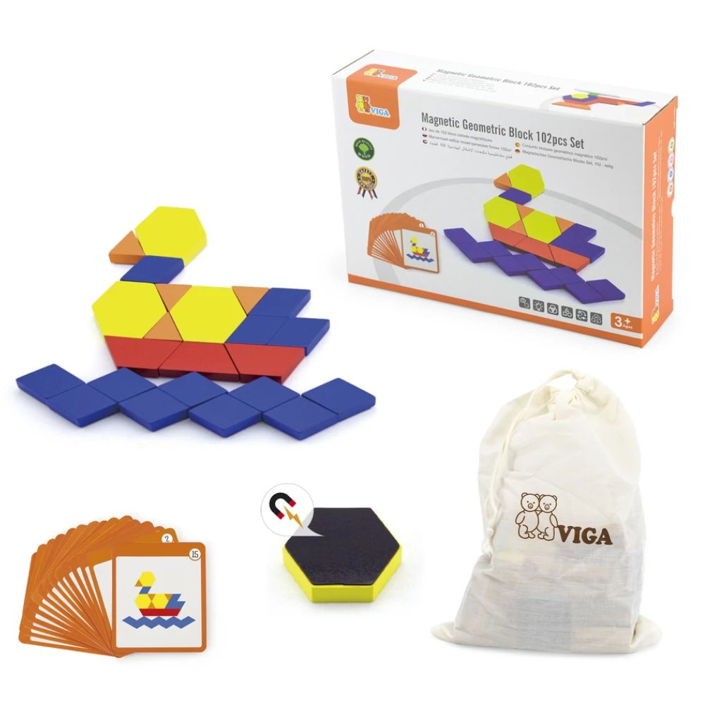 Ensemble de blocs géométriques magnétiques 102 pièces - Eveil Montessori Maroc