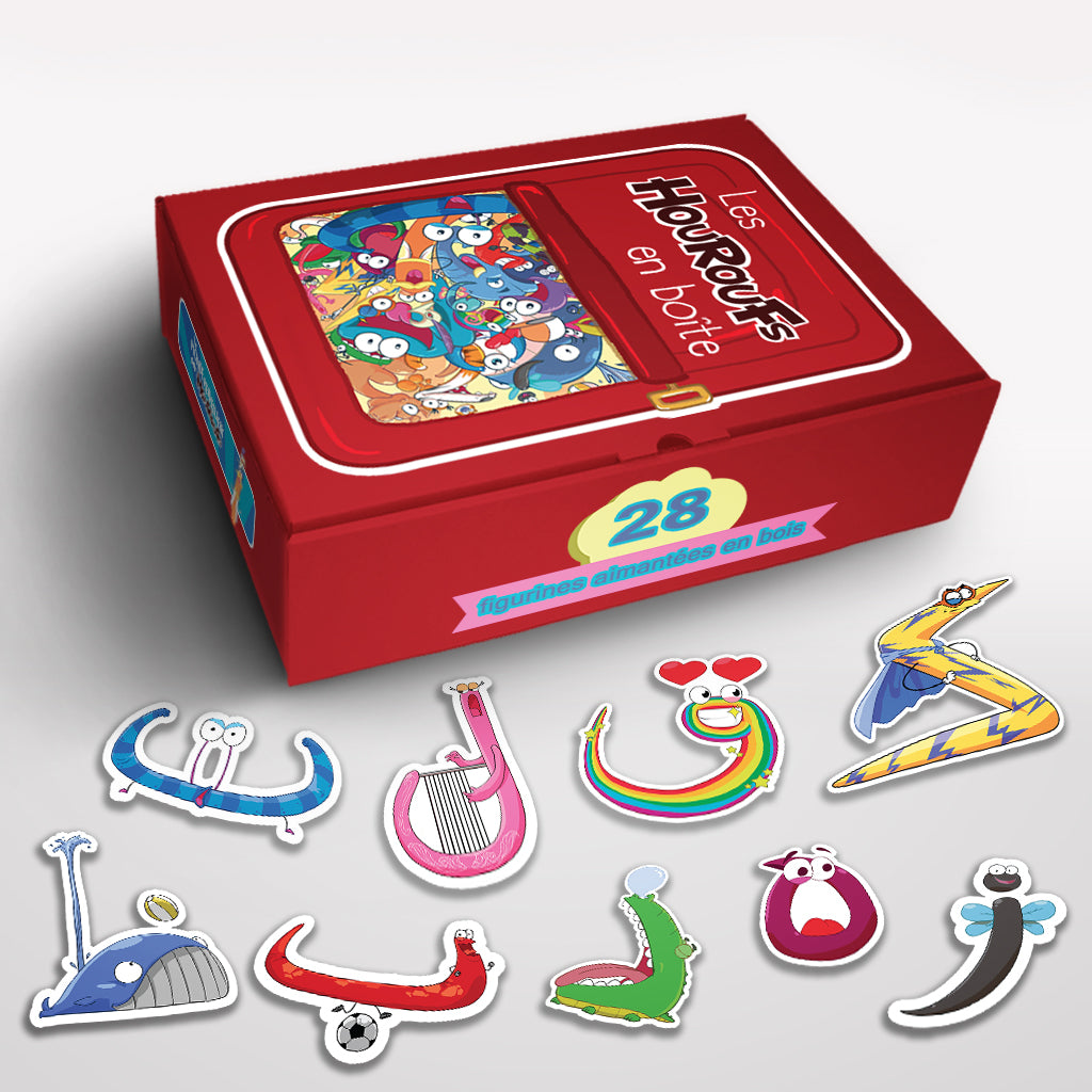 Les Houroufs en boîte - 28 Figurines aimantées en bois - Le Monde des Houroufs - Eveil Montessori Maroc