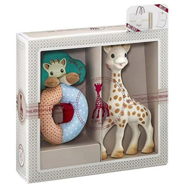 Coffret naissance Sophie la girafe et Hochet billes et tissus - Eveil Montessori Maroc