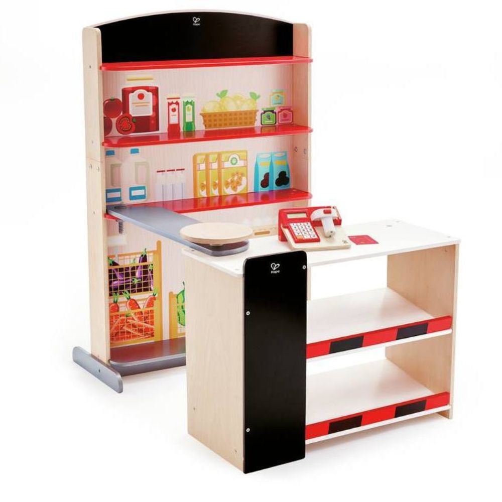HAPE - Marchande Pop-up Shop - Jeu d'imitation en bois - Epicerie avec caisse enregistreuse - Eveil Montessori Maroc