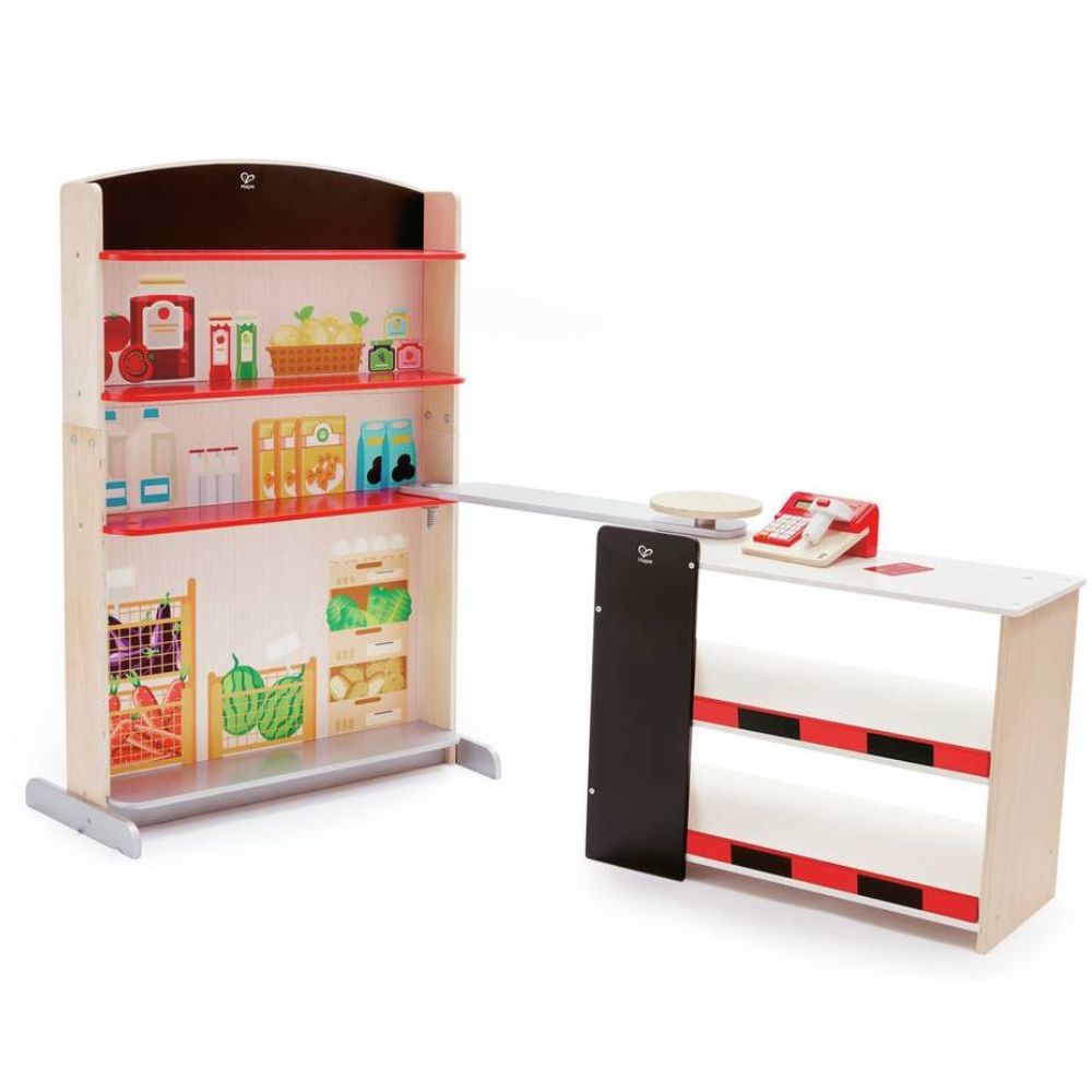 HAPE - Marchande Pop-up Shop - Jeu d'imitation en bois - Epicerie avec caisse enregistreuse - Eveil Montessori Maroc