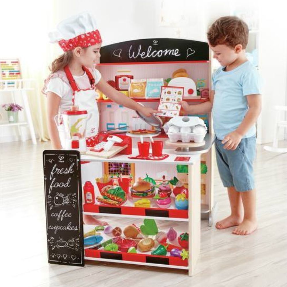 HAPE - Marchande Pop-up Shop - Jeu d'imitation en bois - Epicerie avec caisse enregistreuse - Eveil Montessori Maroc