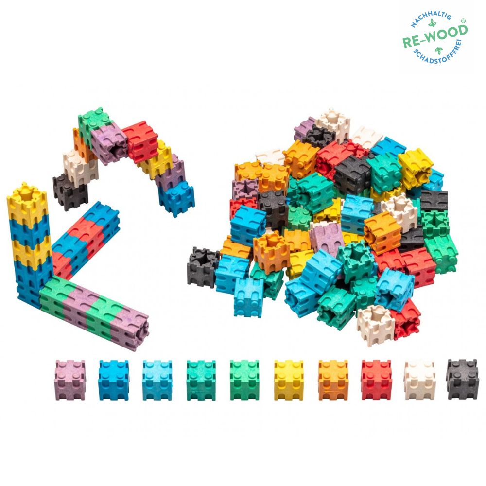 Lot de 100 cubes encastrables colorés en bois Re-Wood® (2cm) - Eveil Montessori Maroc