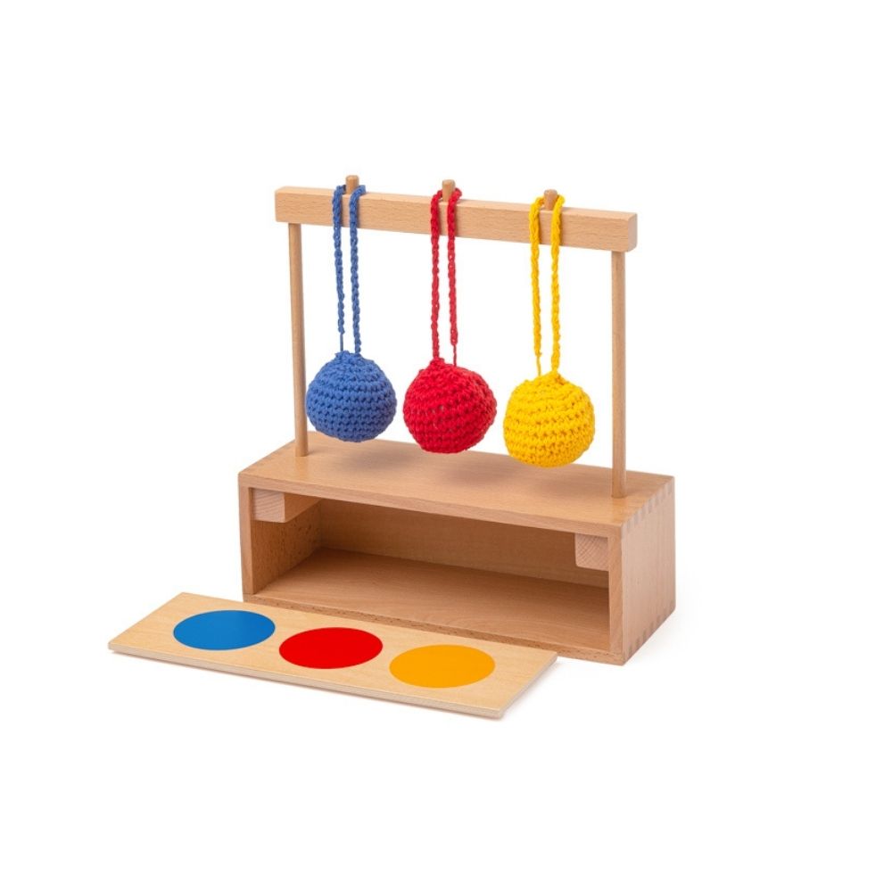Présentoir à couleur pour 3 Balles Tricot - bleue, rouge et jaune - Eveil Montessori Maroc