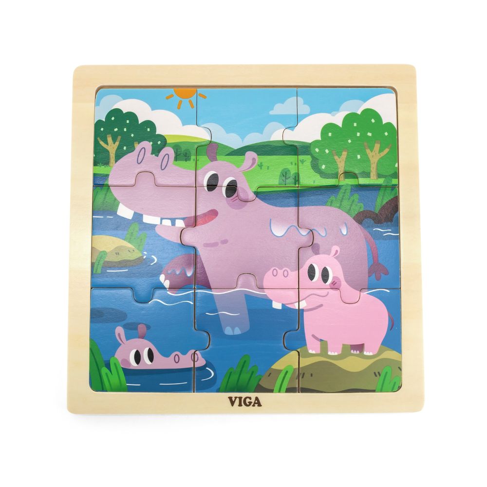 Puzzle 9 pièces en bois - Hippopotame et son petit - Eveil Montessori Maroc