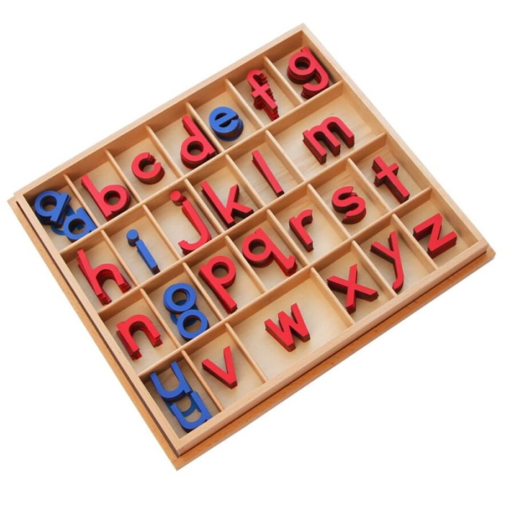 Boîte petit alphabet mobile en script rouge et bleu - Eveil Montessori Maroc
