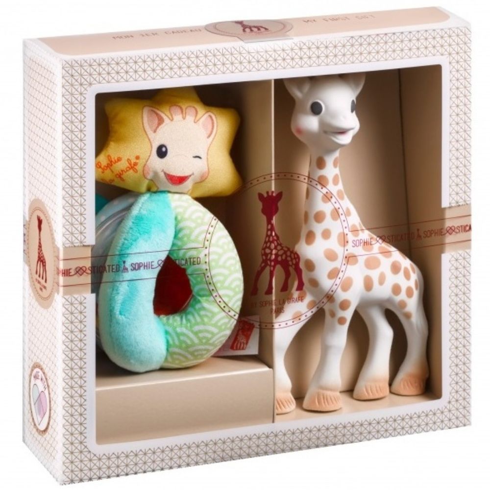 Coffret naissance Sophie la girafe et Hochet billes et tissus - Eveil Montessori Maroc