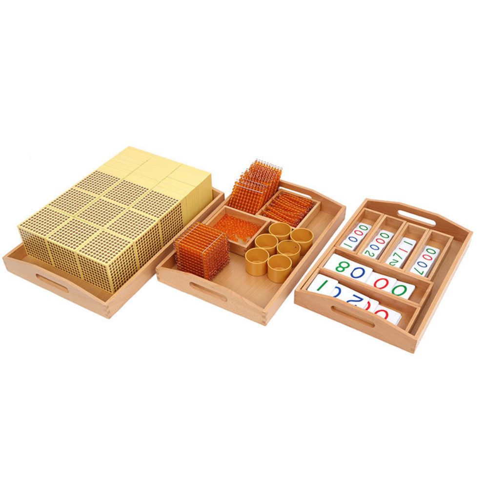 Matériel des perles dorées, plateaux et symboles - Eveil Montessori Maroc