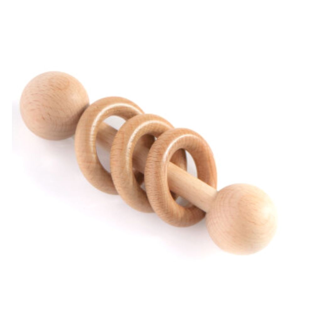 Hochet tige avec 3 anneaux en bois - Eveil Montessori Maroc