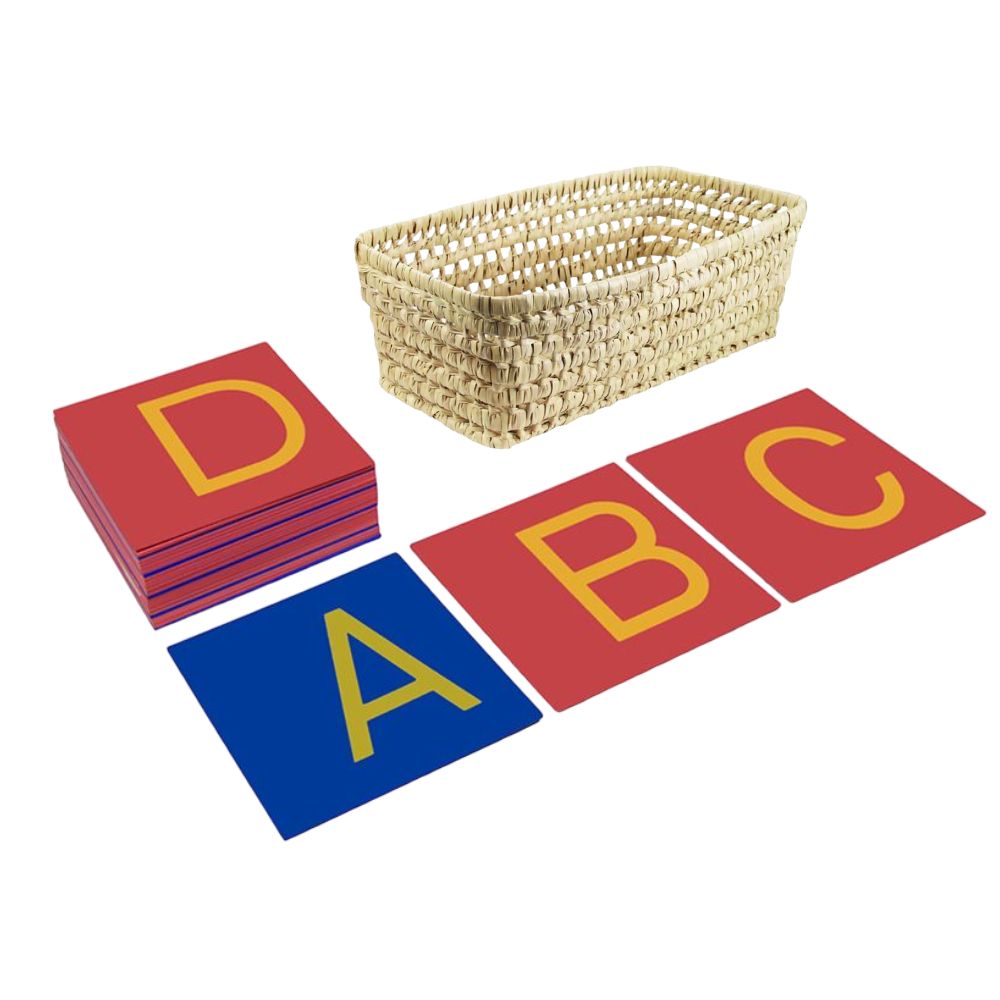 Lettres rugueuses capitales en Français (Majuscules) avec boite en osier - Eveil Montessori Maroc