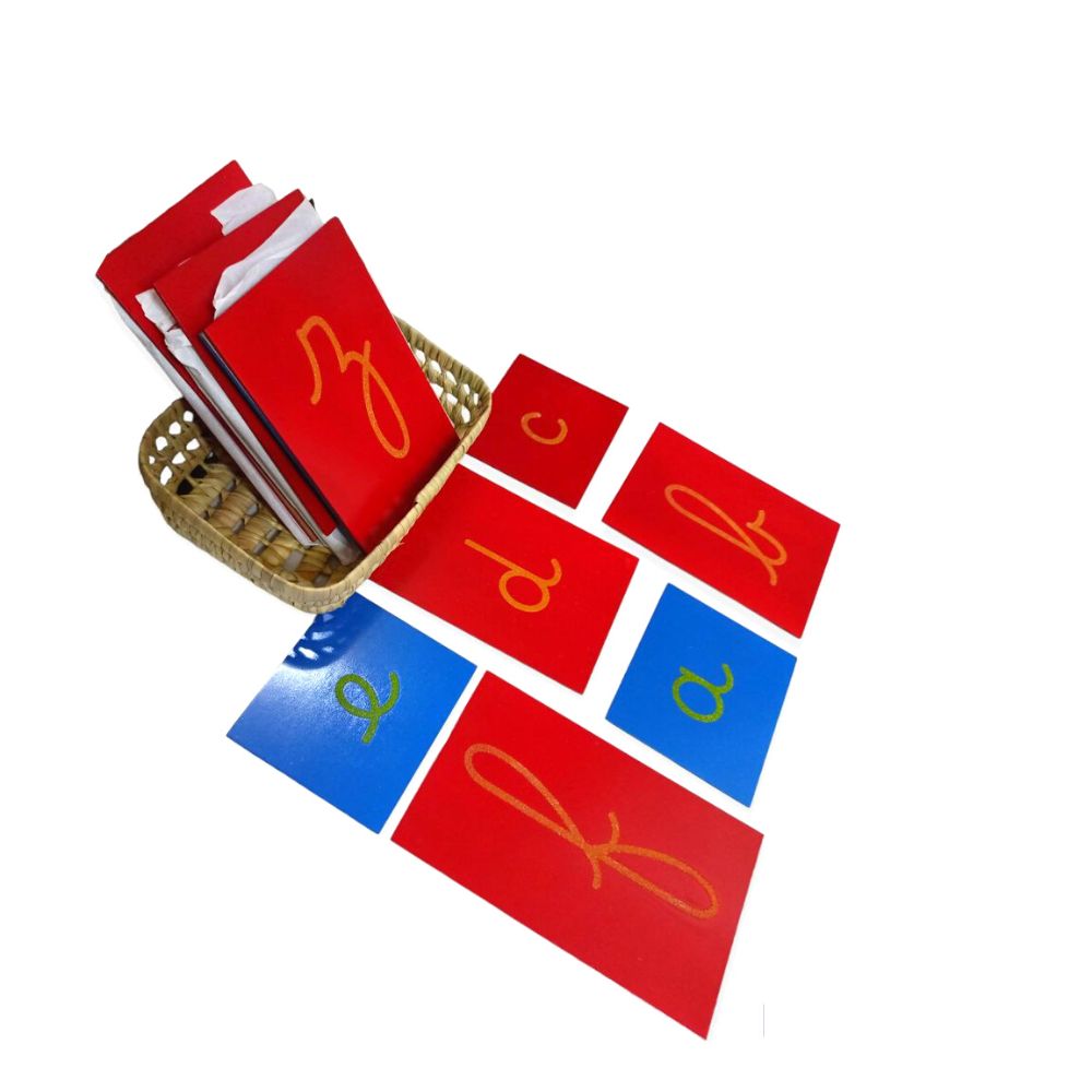 Lettres rugueuses cursives en Français (écriture Dumont) - Rouge et Bleu - Eveil Montessori Maroc