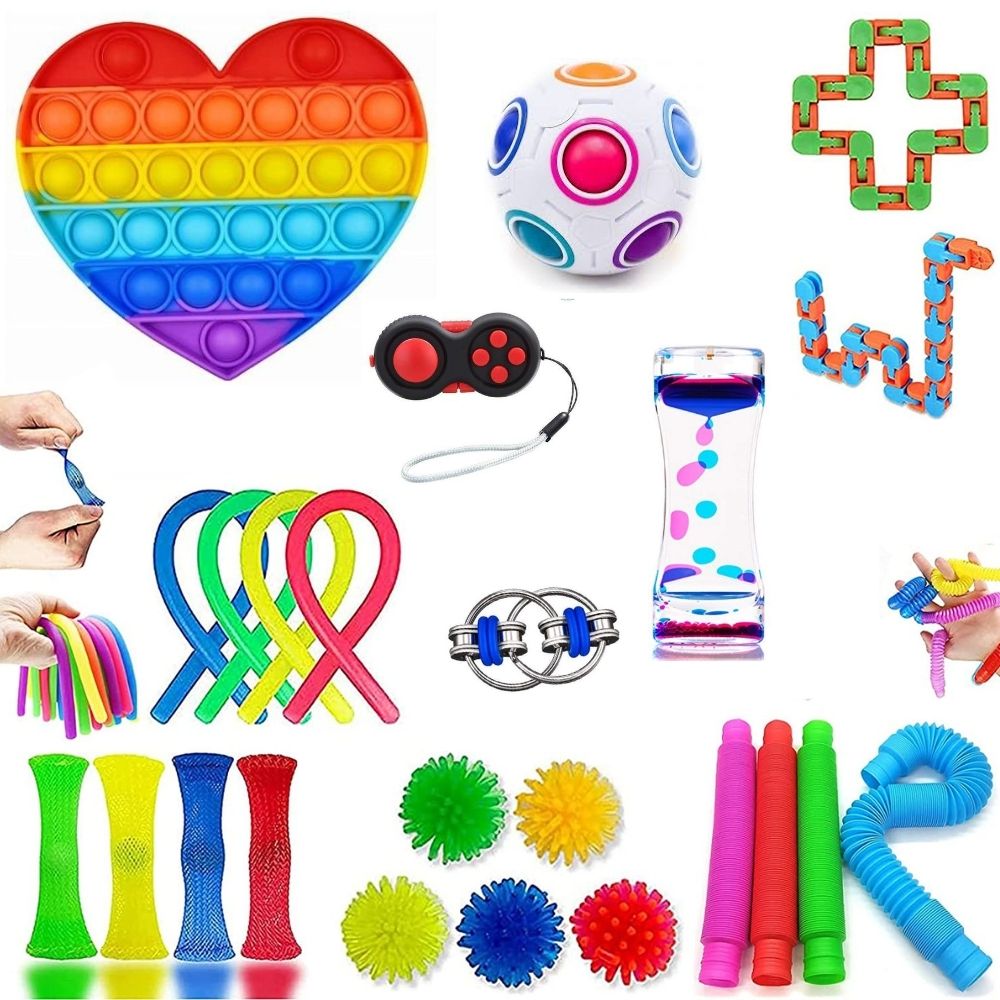Jouet Sensoriel Anti-stress Avec 12 Bandes Silicone | Pour Enfants 3+ Et Adultes | Sac De Rangement Inclus