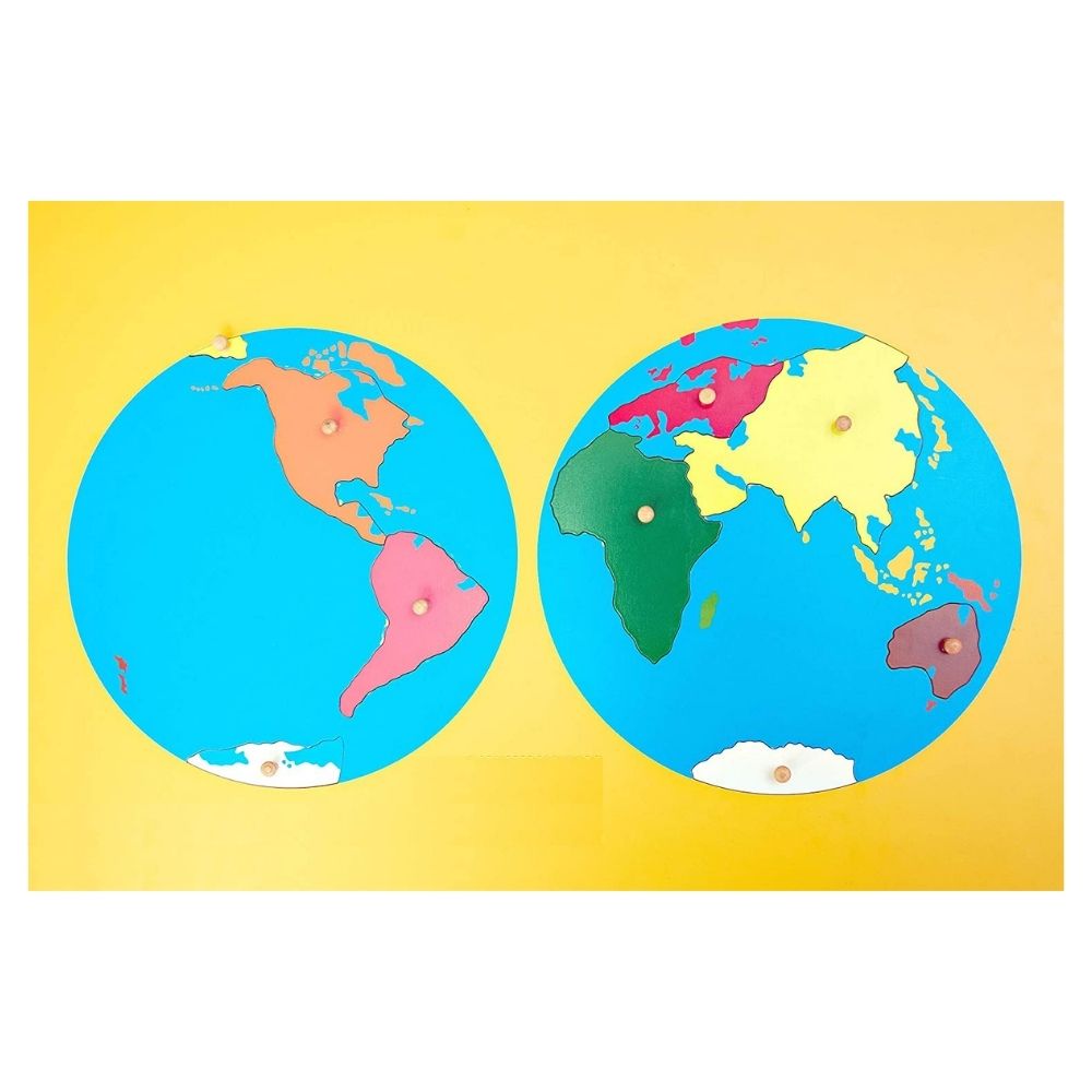 Puzzle du planisphère en bois - Puzzle des continents - Eveil Montessori Maroc